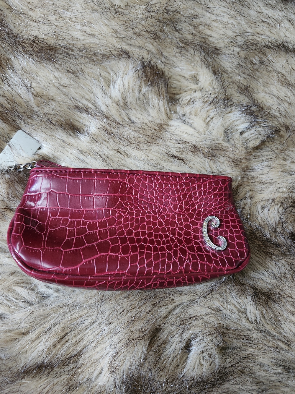 Croc-Embossed Fuchsia Wristlet with Crystal 'C' Accent